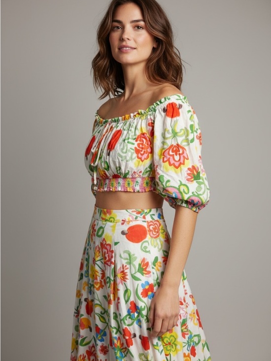 FARM Rio Tops - Farm Rio Off The Shoulder Tropical Floral Crop Top Size L
